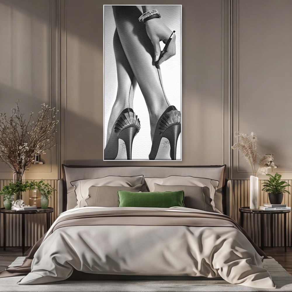 Tablou canvas cu tablou alb-negru picioare dama si pantofi cu toc, in rama de aluminiu argintiu, pe perete intr-un dormitor